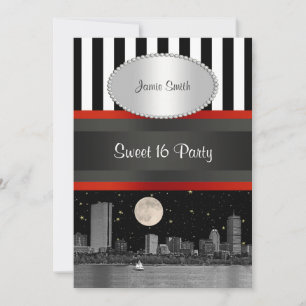 Boston Skyline BW Blk Wht Strp Red Sweet 16 Party Invitation