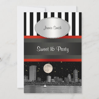 Boston Skyline BW Blk Wht Strp Red Sweet 16 Party Invitation