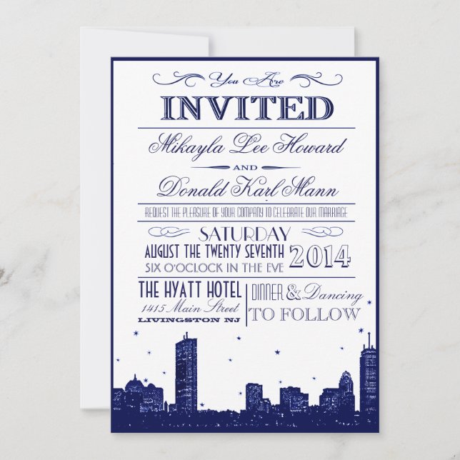 Boston Skyline Dark Blue on white Invitation (Front)