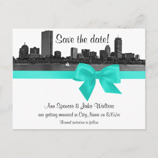Boston Skyline Etched BW Aqua Save the Date Announcement Postcard