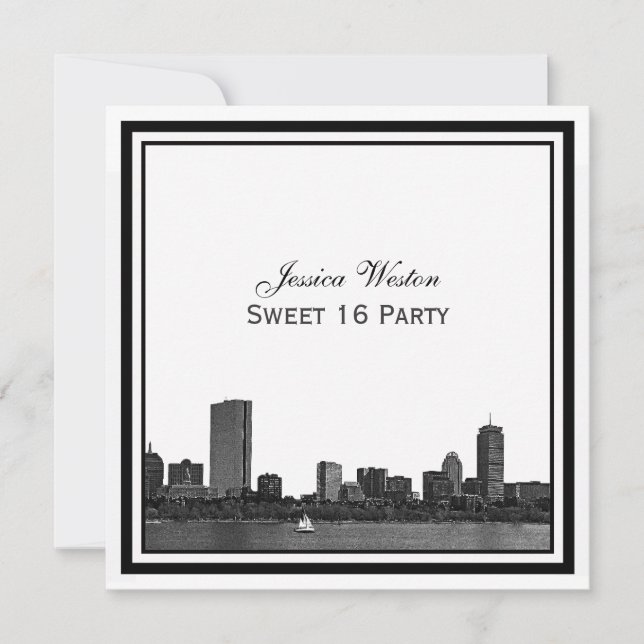 Boston Skyline Etched Framed Sweet 16 Invitation (Front)