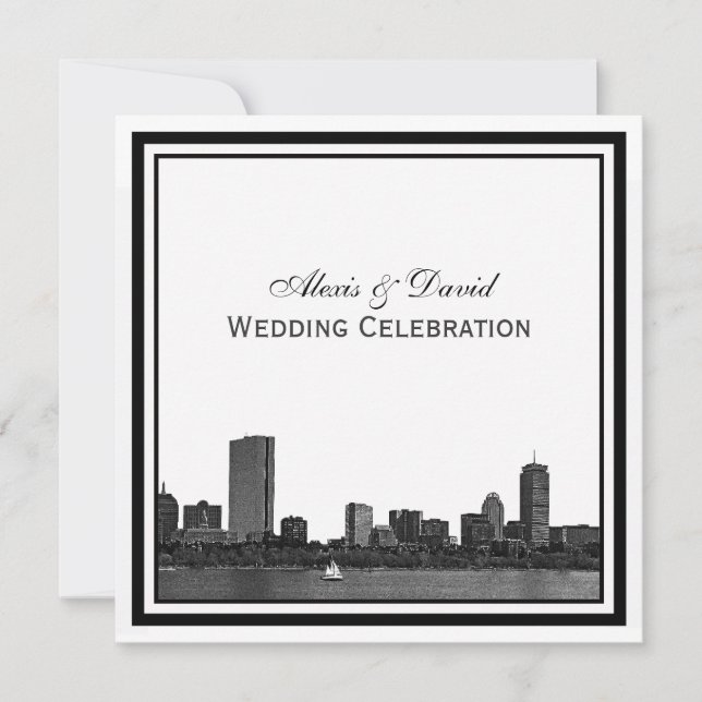 Boston Skyline Etched Framed Wedding Invitation (Front)