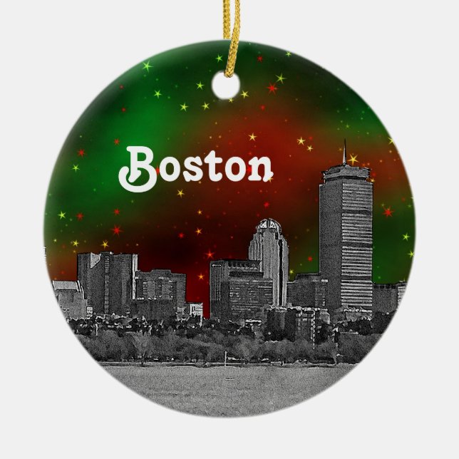 Boston Skyline Etched Green Red Starry Sky Xmas Ceramic Tree Decoration (Front)