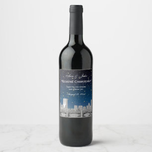 Boston Skyline Etched Starry Blue Gradient BG Wine Label