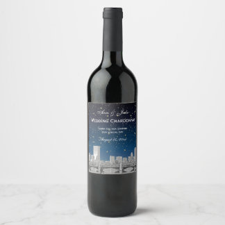 Boston Skyline Etched Starry Blue Gradient BG Wine Label