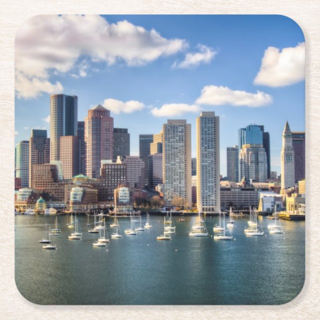 Boston skyline from waterfront square paper coaster (Front)