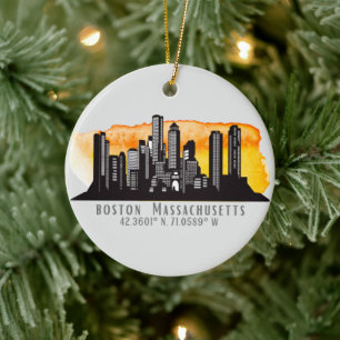 Boston Skyline Latitude and Longitude   Ceramic Tree Decoration