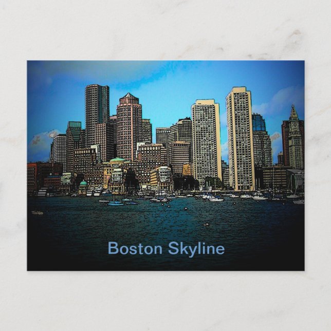 Boston Skyline Photo Art Drawing Postcard (Front)