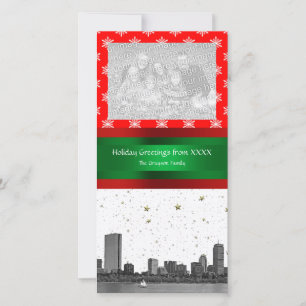 Boston Skyline Red Snowflake Christmas Holiday Card