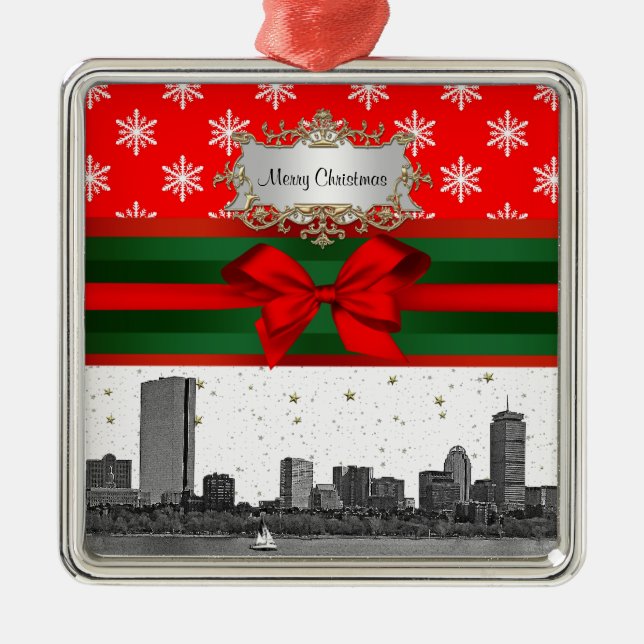 Boston Skyline Red Snowflake Christmas Metal Tree Decoration (Front)