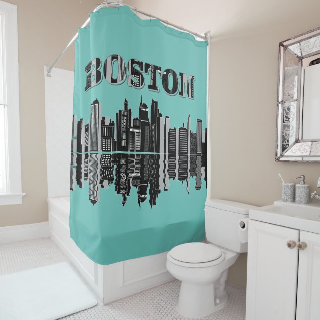 Boston Skyline Typography Shower Curtain (In Situ)