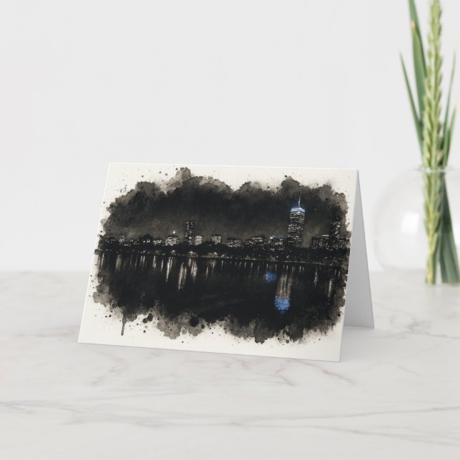 Boston Skyline Watercolor Night Greeting Card (Front)