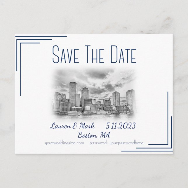 Boston Skyline Wedding Save The Date Postcard (Front)