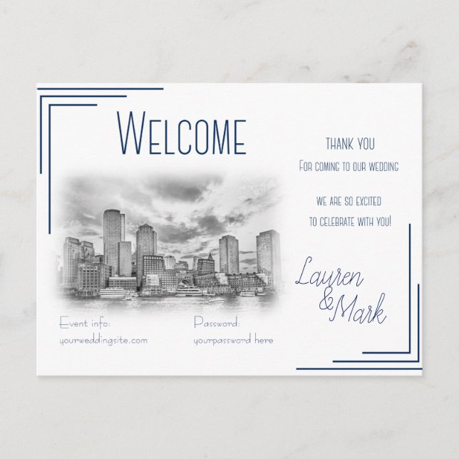 Boston Skyline Wedding Welcome Card For Gift Bags (Front)