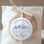 Boston Skyline | Wedding Welcome Favor Classic Round Sticker<br><div class="desc">Enhance your wedding welcome packages or event party favors with a custom set of welcome stickers! These elegant yet minimal-style stickers are tailored for a wedding taking place in the beautiful city of Boston. They feature a modern deco skyline with the name of the city integrated underneath. All elements of...</div>