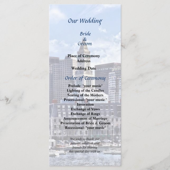 Boston Skyline With Custom House Wedding Program Programme (Front)