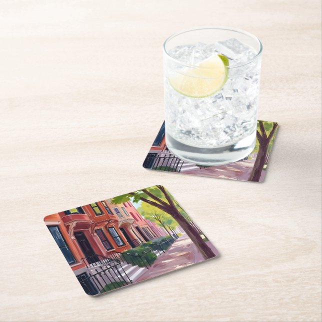 Boston Summer | Massachusetts Brownstones Square Paper Coaster (Insitu)