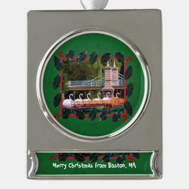 Boston Swan Boats - Happy Holidays  Ceramic Orname Silver Plated Banner Ornament (Front)