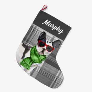 Boston Terrier and Plaid with Dog's Name Large Christmas Stocking