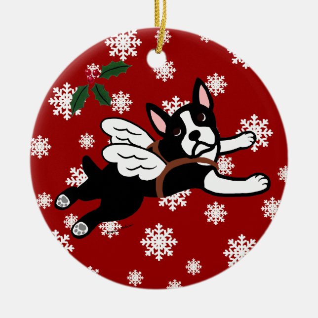 Boston Terrier Angel Cartoon Snowflakes Ceramic Tree Decoration (Front)