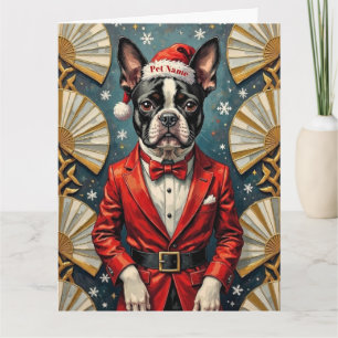 Boston Terrier Art Deco Christmas Tuxedo Hat Card