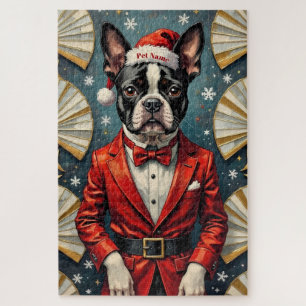 Boston Terrier Art Deco Christmas Tuxedo Hat Jigsaw Puzzle