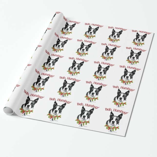 Boston Terrier Bah Humbug Wrapping Paper (Unrolled)