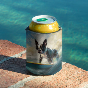 Boston Terrier Beach Surfing Painting Can Cooler