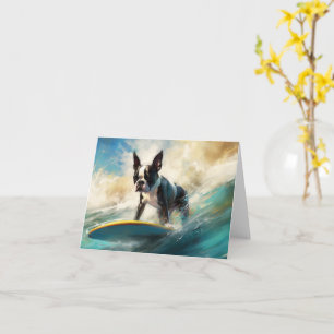 Boston Terrier Beach Surfing Painting Card