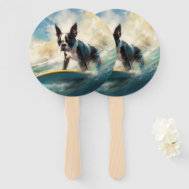 Boston Terrier Beach Surfing Painting  Hand Fan (Front and Back)