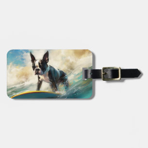 Boston Terrier Beach Surfing Painting  Luggage Tag
