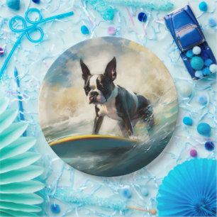 Boston Terrier Beach Surfing Painting Paper Plate