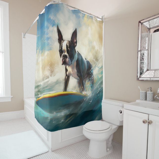 Boston Terrier Beach Surfing Painting  Shower Curtain (In Situ)