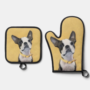Boston Terrier Black and White Painting Dog Art Oven Mitt & Pot Holder Set