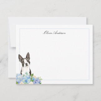 Boston Terrier Blue Hydrangea Personalised Card