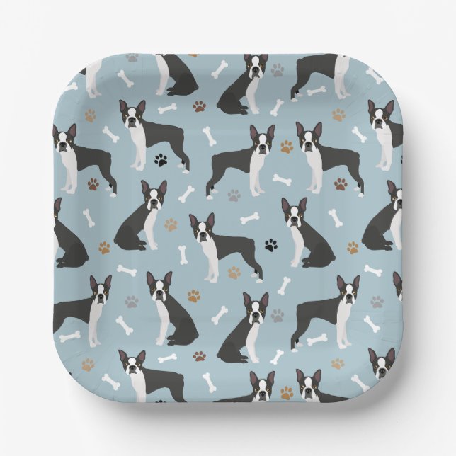 Boston Terrier Bones and Paws Paper Plate (Front)