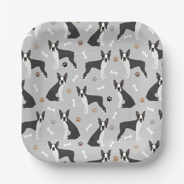 Boston Terrier Bones and Paws Paper Plates (Front)