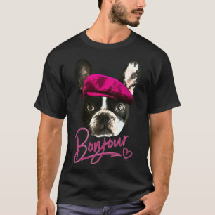 Boston Terrier Bonjour Pink Heart French T-Shirt