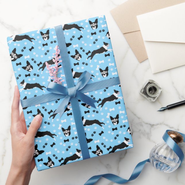 Boston Terrier Bosties Blue Pattern dog Wrapping Paper (Gifting)