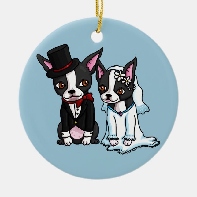 Boston Terrier Bride and Groom Ceramic Tree Decoration (Front)