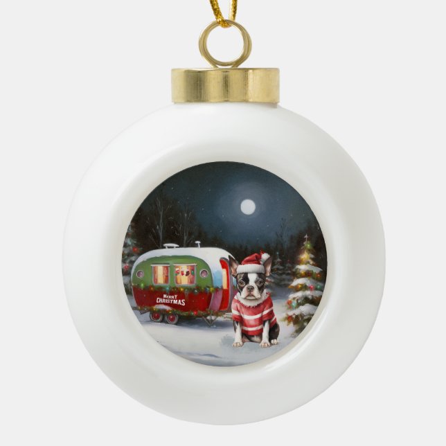 Boston Terrier Caravan Christmas Adventure  Ceramic Ball Christmas Ornament (Front)