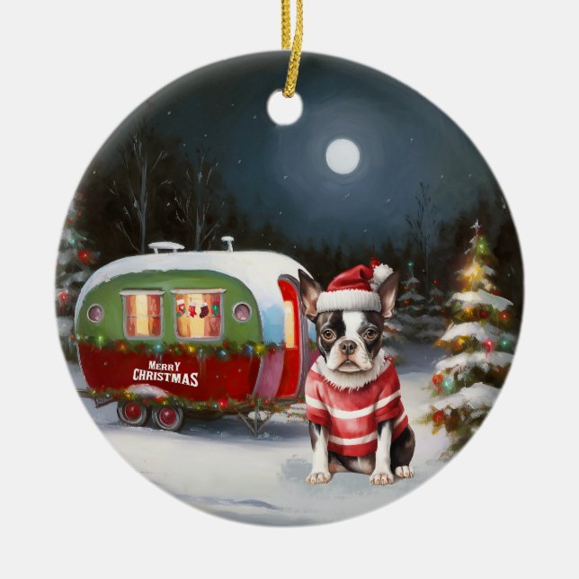 Boston Terrier Caravan Christmas Adventure  Ceramic Tree Decoration (Front)