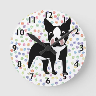 Boston Terrier Cartoon Round Clock