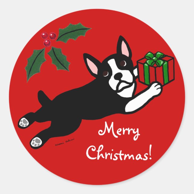 Boston Terrier Christmas 2 Cartoon Classic Round Sticker (Front)