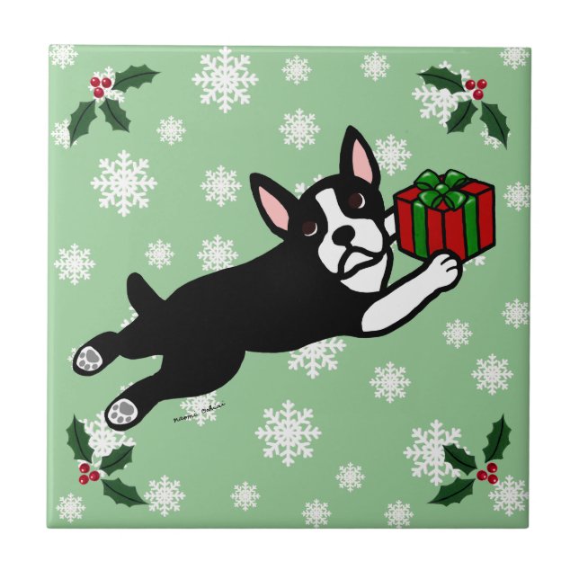Boston Terrier Christmas 2 Cartoon Snowflakes Tile (Front)