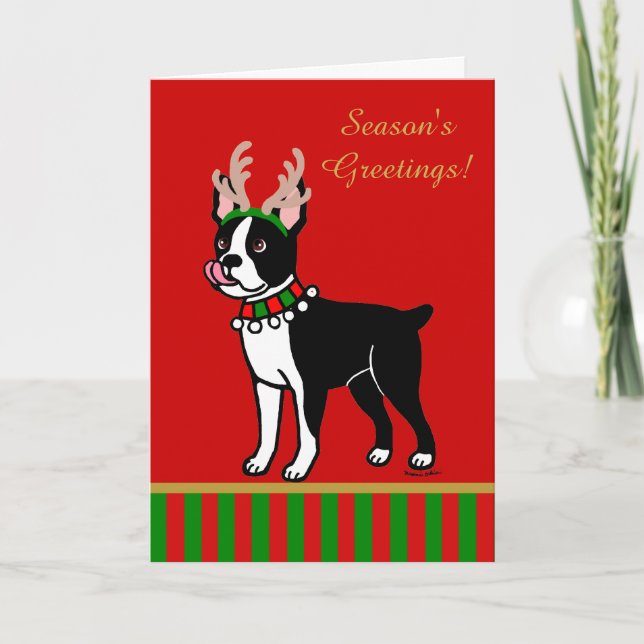 Boston Terrier Christmas Antlers Holiday Card (Front)