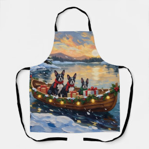 Boston Terrier Christmas Boat Holiday Apron