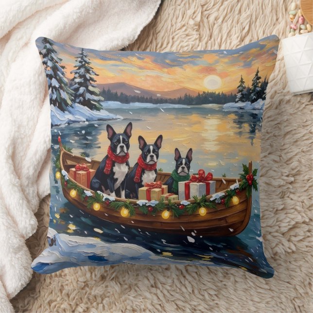 Boston Terrier Christmas Boat Holiday Cushion (Blanket)