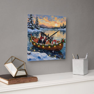 Boston Terrier Christmas Boat Holiday Square Wall Clock