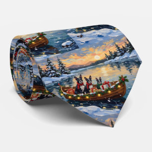 Boston Terrier Christmas Boat Holiday Tie